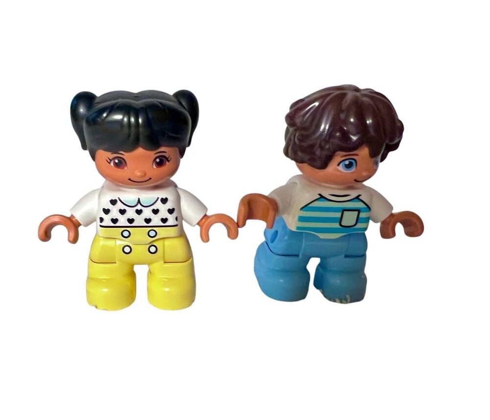 VTG Lego Duplo Girl W Black Hair Heart Print Top Boy W Brown Hair Blue Striped S